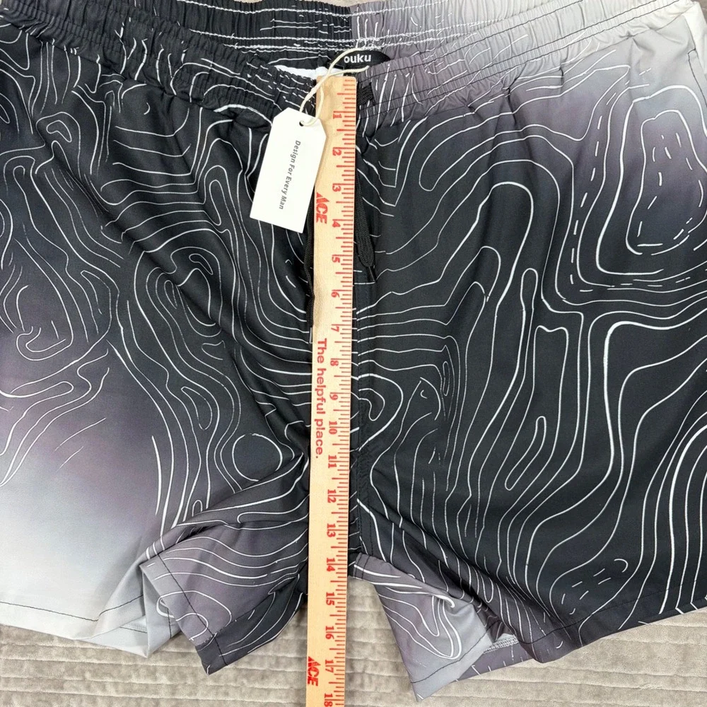 Ouku Mens Swim Trunks 3XL Black White Topographic Map Print Gradient Shorts NWT